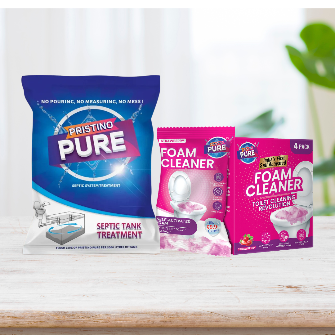 Pristino Pure Combo Pack — Septic Tank Cleaner Powder + Toilet Foam Cleaner (4 x 150g) | Sweet Strawberry Fragrance